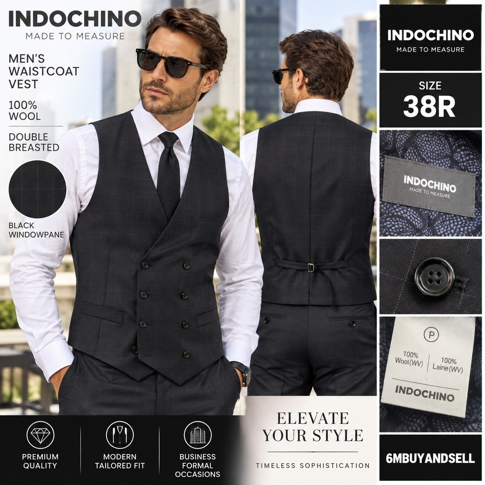 Indochino Mens Wool Waistcoat Vest Black Windowpane Double Breasted 38R NWT